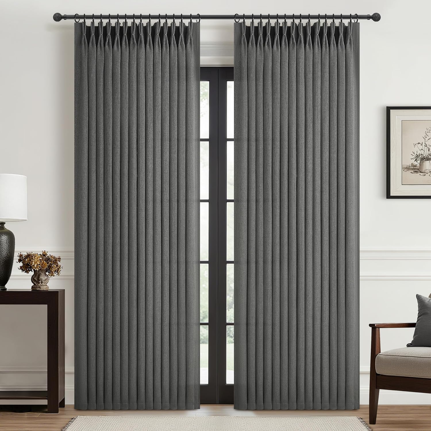 Pinch Pleated Linen Curtains 96 Inches Long for Living Room Bedroom, Light Filtering Boho Window Drape 96 inch 2 Panels Burgs with Hooks&Rings 8ft Cream Birch Sliding Glass Door Sheer Curtain Decor