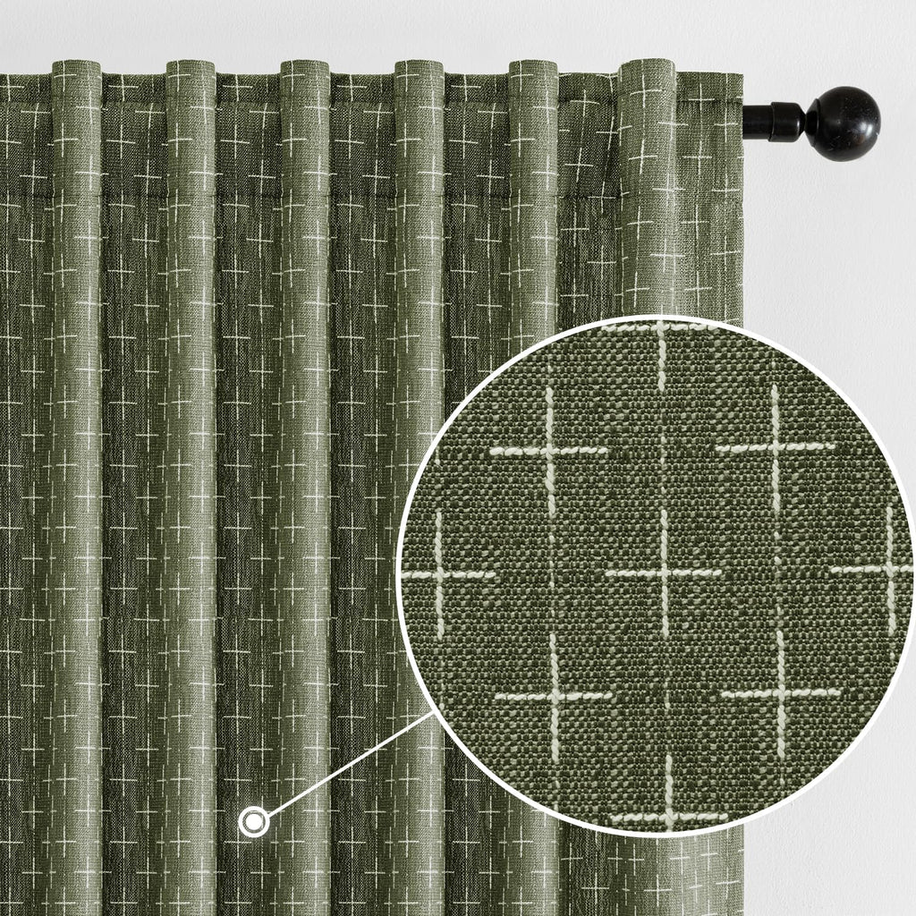 MIULEE Decorative Back Tab Linen Curtains with Geometric Pattern for Living Room Bedroom Farmhouse Rustic Thick Woven Textured Patterned Mudcloth Drapes 90 Inch Long 2 Panels Set, Olive Green