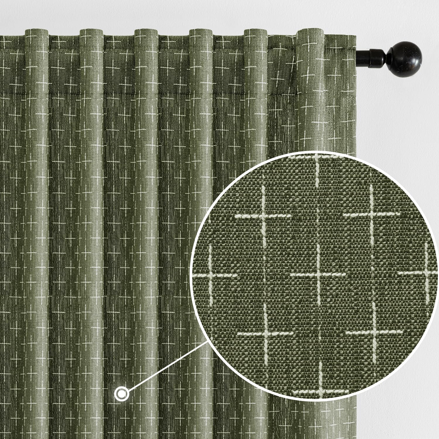 MIULEE Decorative Back Tab Linen Curtains with Geometric Pattern for Living Room Bedroom Farmhouse Rustic Thick Woven Textured Patterned Mudcloth Drapes 90 Inch Long 2 Panels Set, Olive Green