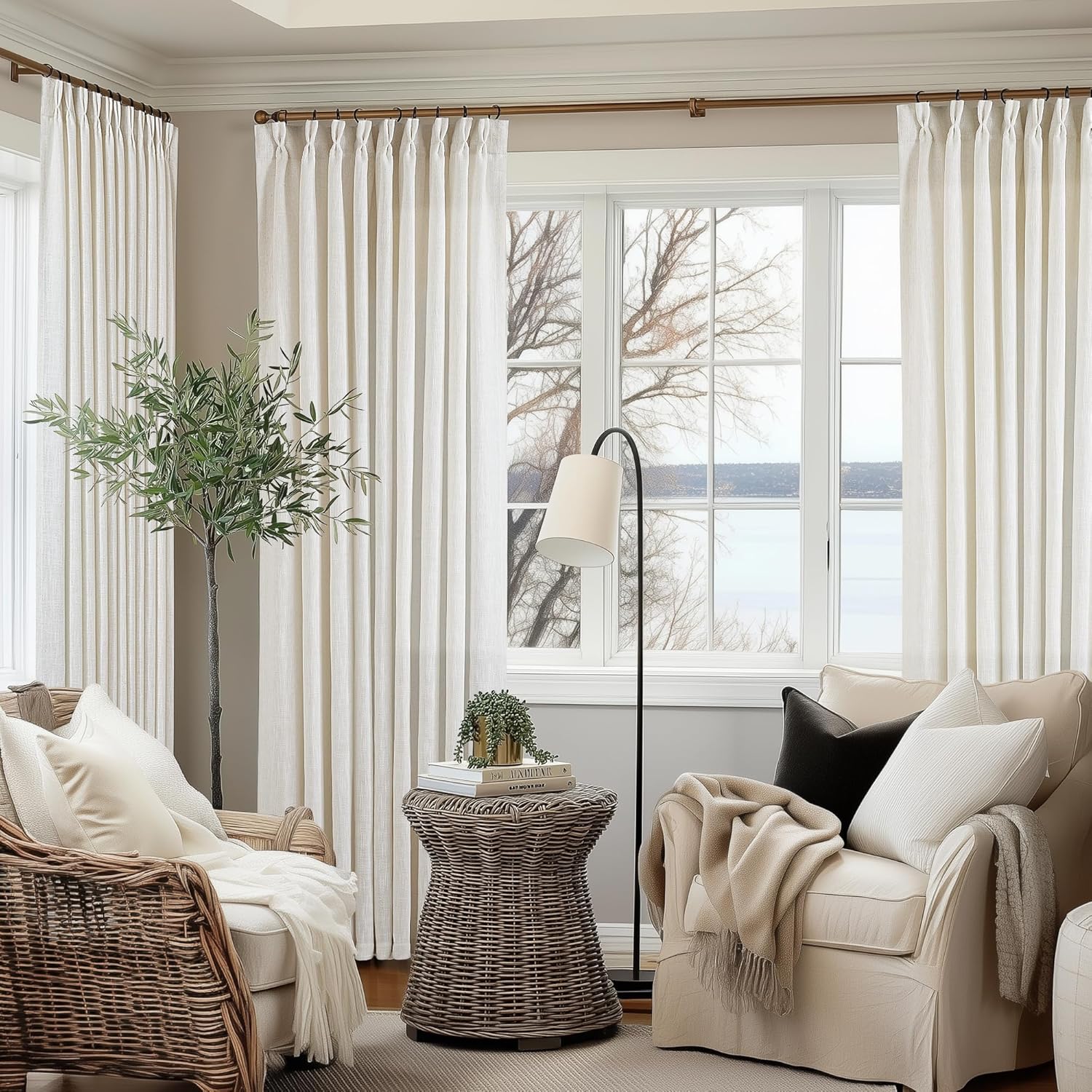 Natural Pinch Pleated Linen Curtains 84 Inch Length 2 Panels for Living Room Bedroom Textured Cream Ivory Birch Semi Sheer Boho Neutral Back Tab Pinch Pleat Hooks Rings Window Curtain 84 Inches Long