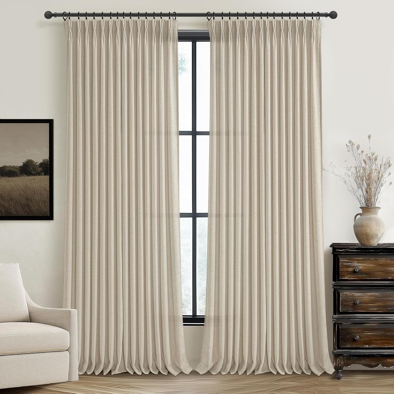 Pinch Pleated Linen Curtains 96 Inches Long for Living Room Bedroom, Light Filtering Boho Window Drape 96 inch 2 Panels Burgs with Hooks&Rings 8ft Cream Birch Sliding Glass Door Sheer Curtain Decor