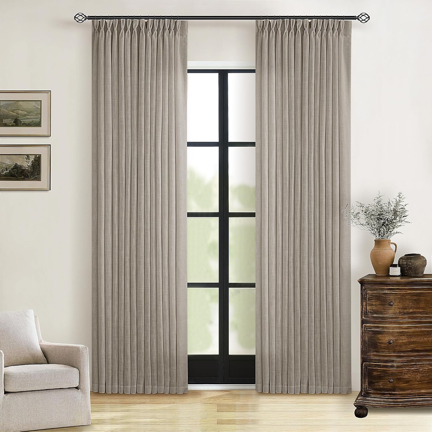 Natural Pinch Pleated Linen Curtains 84 Inch Length 2 Panels for Living Room Bedroom Textured Cream Ivory Birch Semi Sheer Boho Neutral Back Tab Pinch Pleat Hooks Rings Window Curtain 84 Inches Long