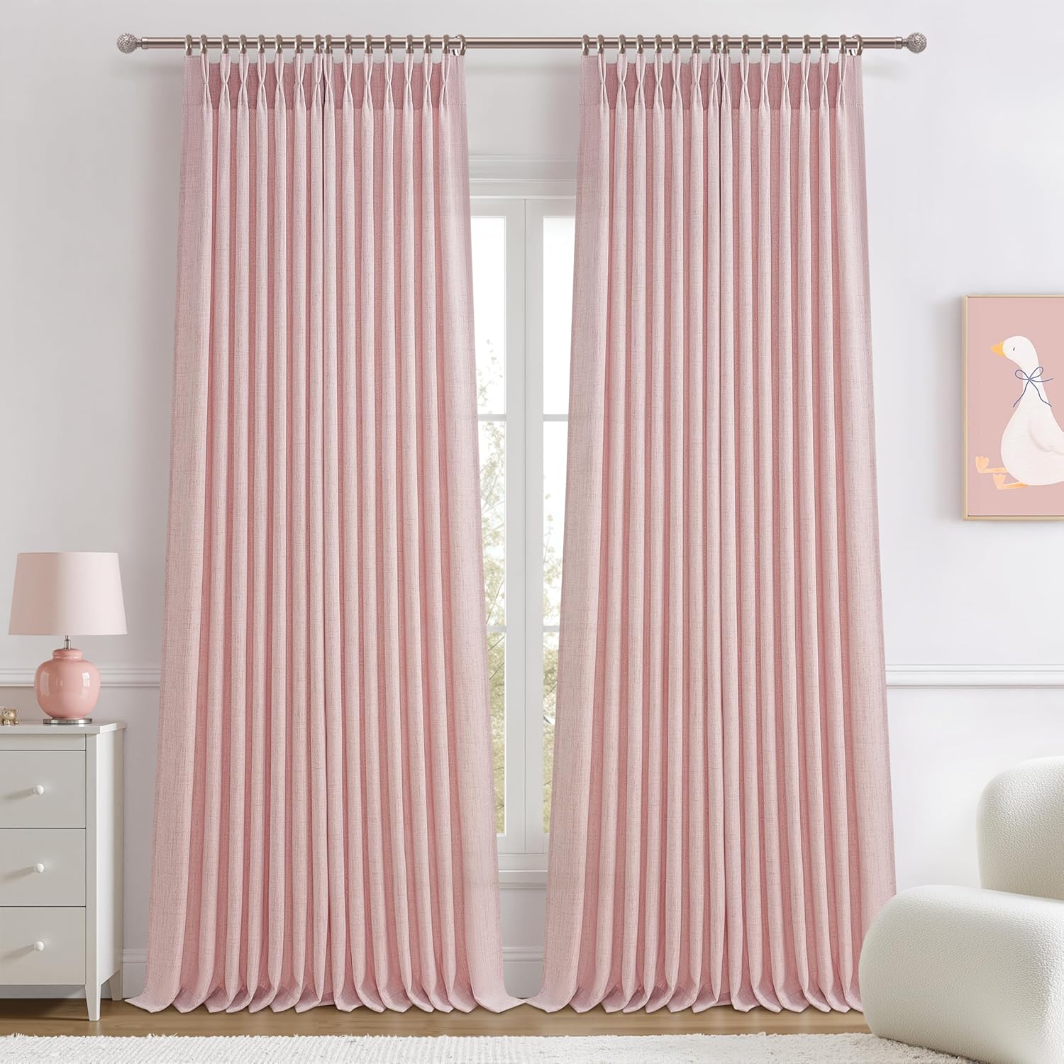 Pinch Pleated Linen Curtains 96 Inches Long for Living Room Bedroom, Light Filtering Boho Window Drape 96 inch 2 Panels Burgs with Hooks&Rings 8ft Cream Birch Sliding Glass Door Sheer Curtain Decor