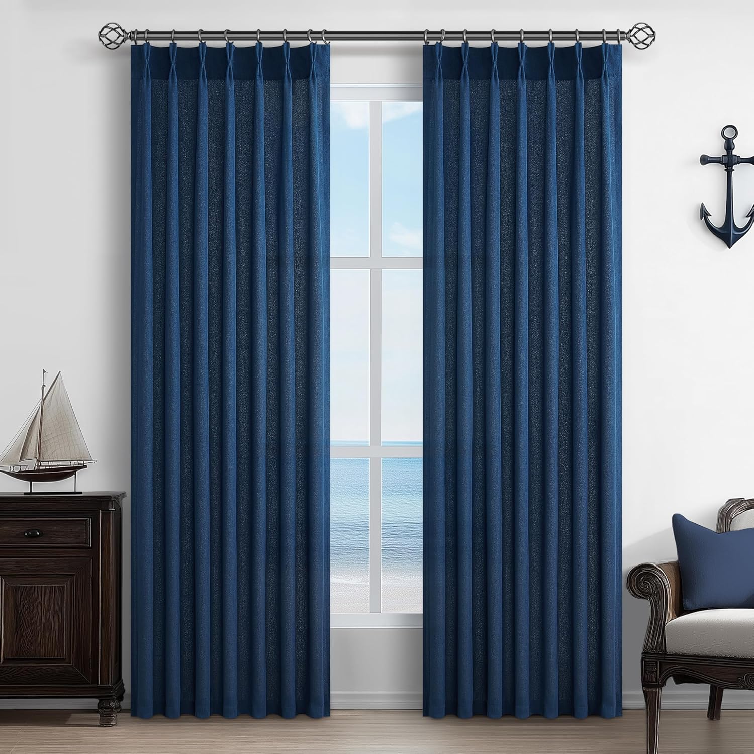 Pinch Pleated Linen Curtains 96 Inches Long for Living Room Bedroom, Light Filtering Boho Window Drape 96 inch 2 Panels Burgs with Hooks&Rings 8ft Cream Birch Sliding Glass Door Sheer Curtain Decor
