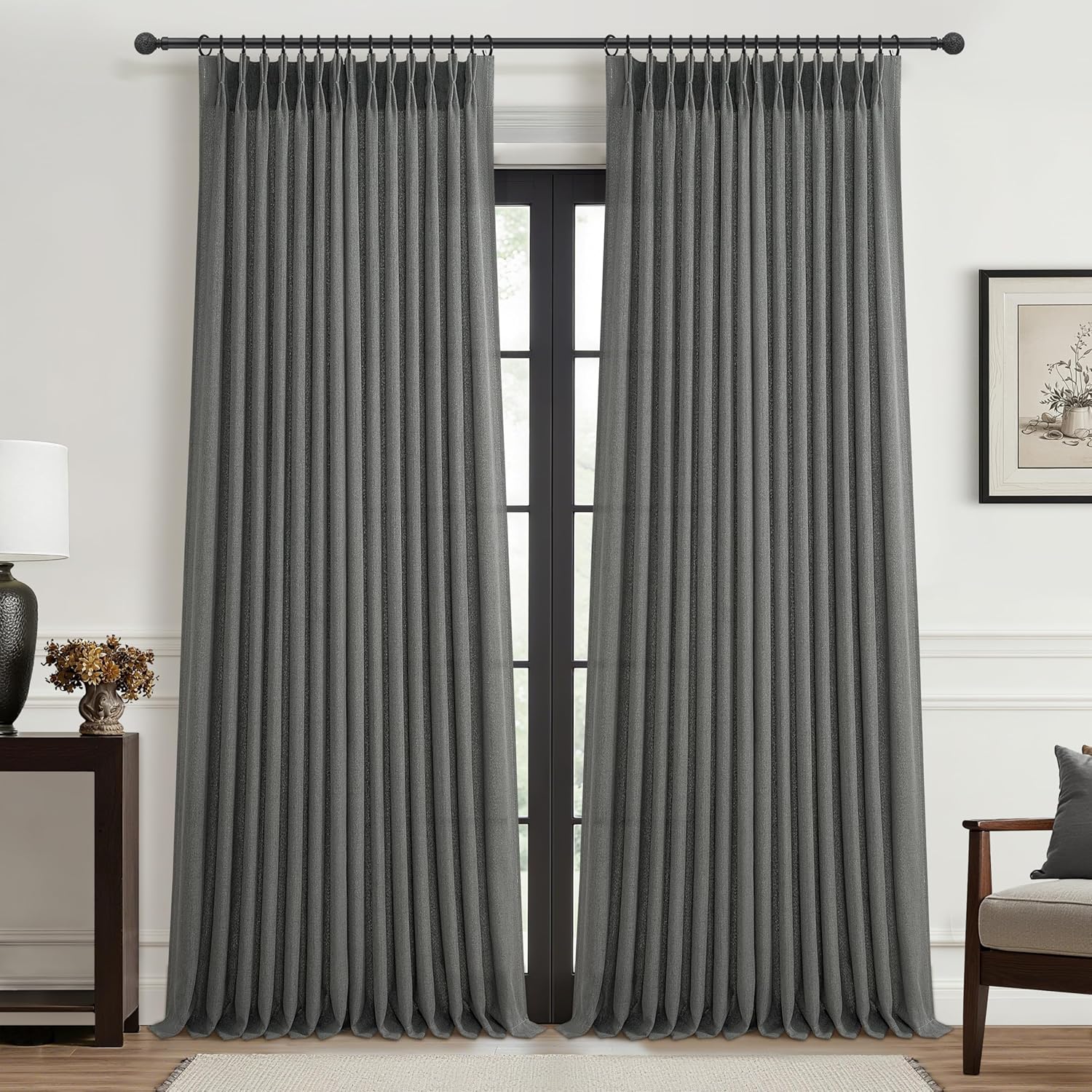 Pinch Pleated Linen Curtains 96 Inches Long for Living Room Bedroom, Light Filtering Boho Window Drape 96 inch 2 Panels Burgs with Hooks&Rings 8ft Cream Birch Sliding Glass Door Sheer Curtain Decor