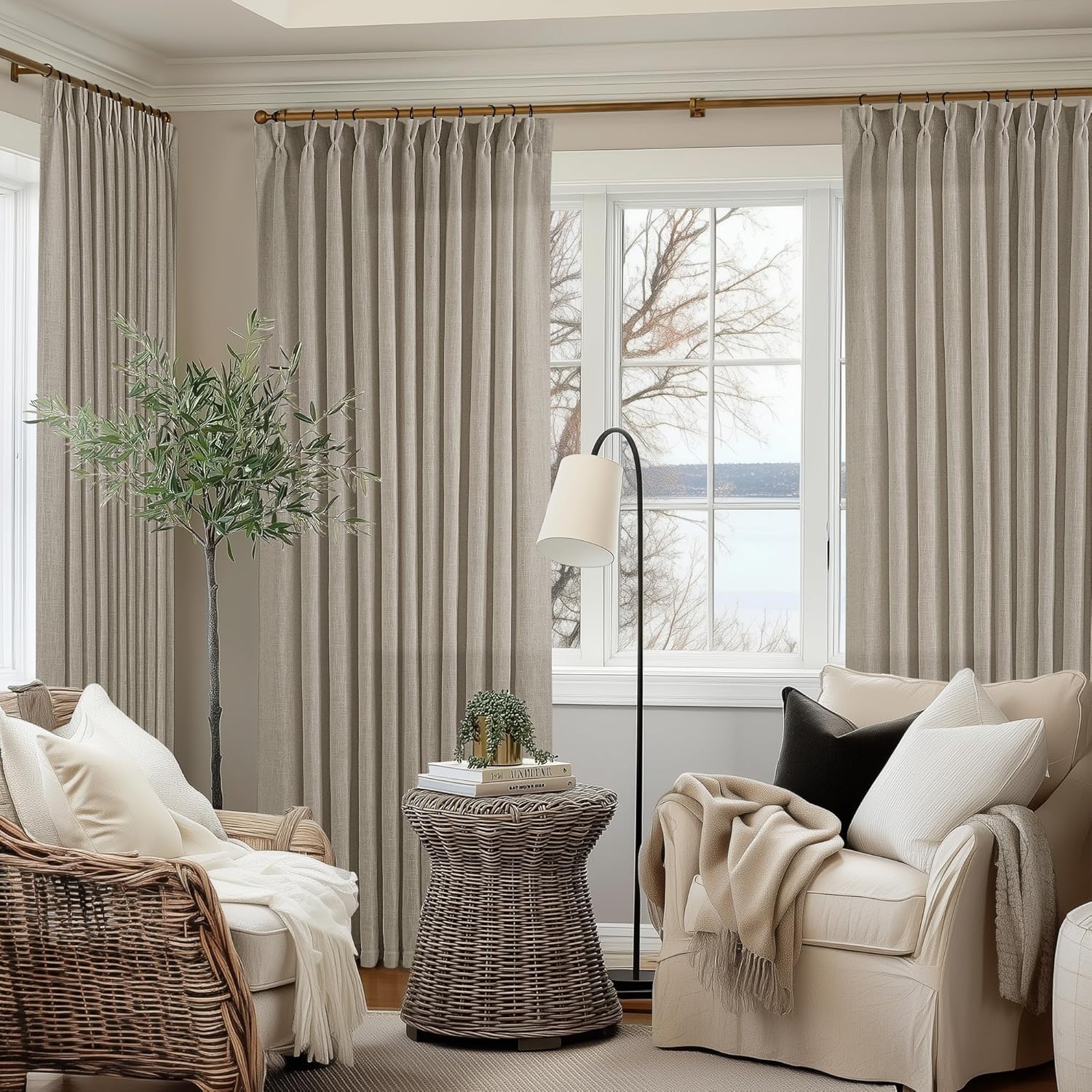 Natural Pinch Pleated Linen Curtains 84 Inch Length 2 Panels for Living Room Bedroom Textured Cream Ivory Birch Semi Sheer Boho Neutral Back Tab Pinch Pleat Hooks Rings Window Curtain 84 Inches Long