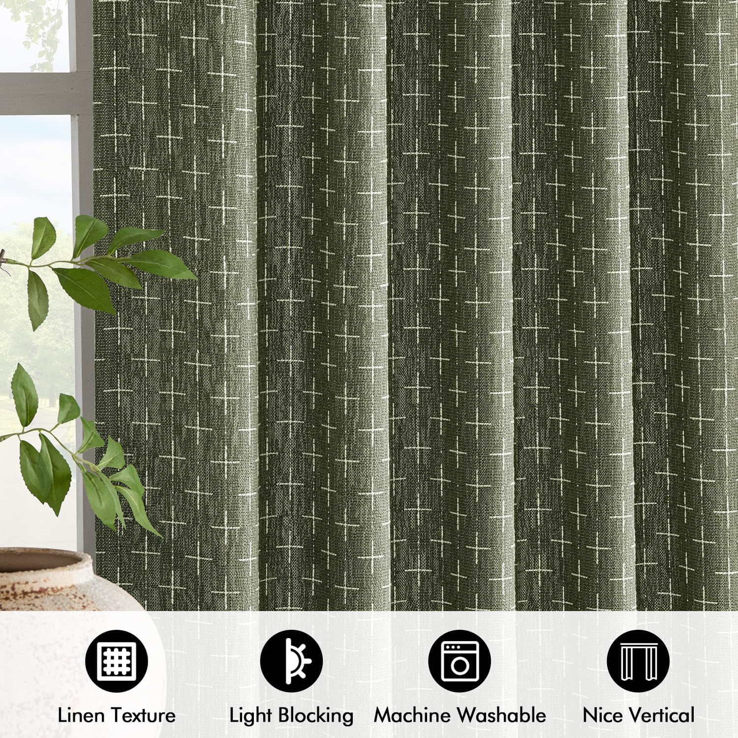 MIULEE Decorative Back Tab Linen Curtains with Geometric Pattern for Living Room Bedroom Farmhouse Rustic Thick Woven Textured Patterned Mudcloth Drapes 90 Inch Long 2 Panels Set, Olive Green