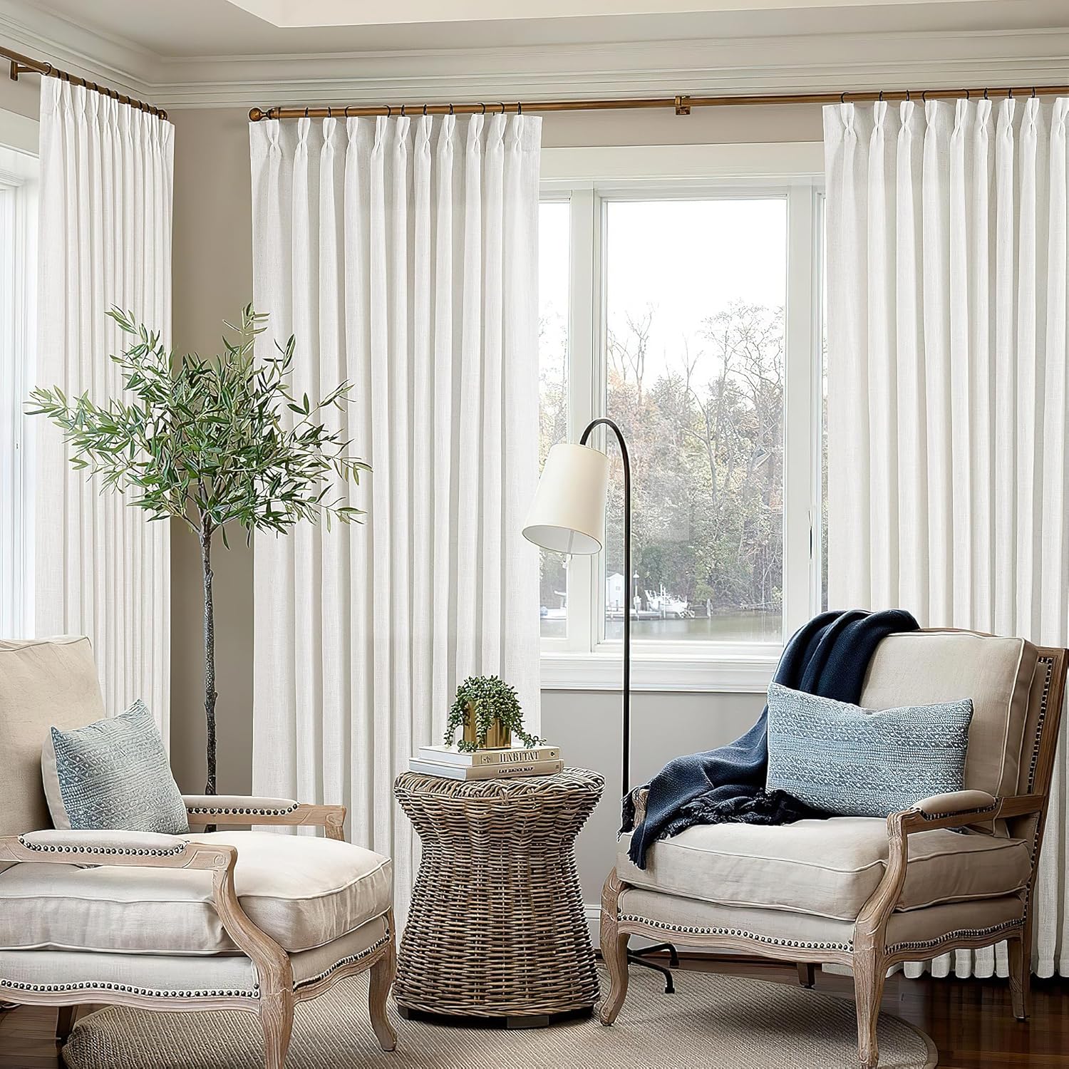 Natural Pinch Pleated Linen Curtains 84 Inch Length 2 Panels for Living Room Bedroom Textured Cream Ivory Birch Semi Sheer Boho Neutral Back Tab Pinch Pleat Hooks Rings Window Curtain 84 Inches Long