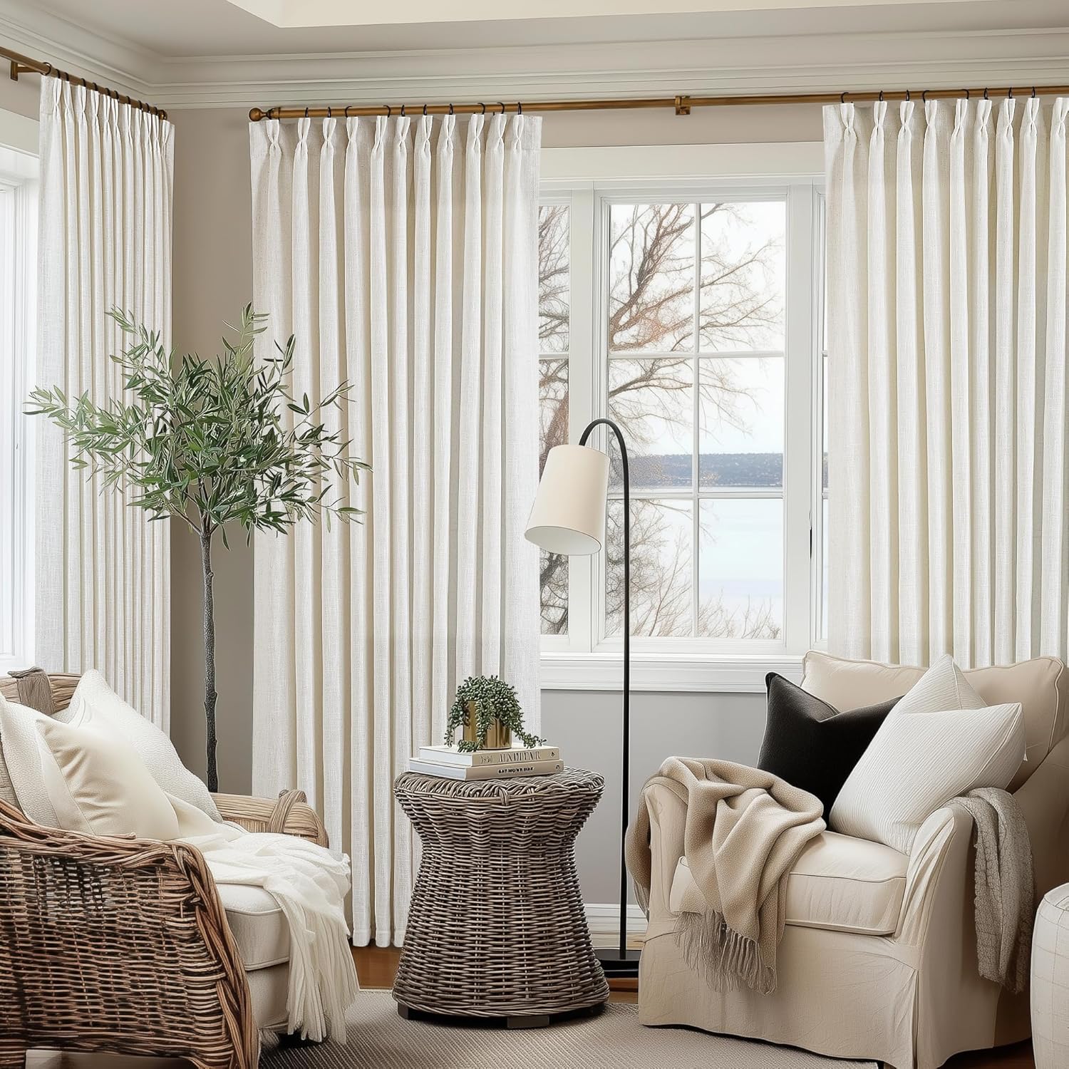 Natural Pinch Pleated Linen Curtains 84 Inch Length 2 Panels for Living Room Bedroom Textured Cream Ivory Birch Semi Sheer Boho Neutral Back Tab Pinch Pleat Hooks Rings Window Curtain 84 Inches Long